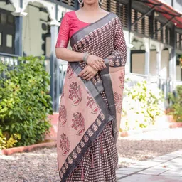 ALMAARI FASHION Geometric Printed Zari Pure Linen Banarasi Saree & Unstitched Blouse Piece image 5