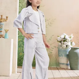 Aarika Girls Striped Lapel Collar Coat With Inner Top & Trouser image 2