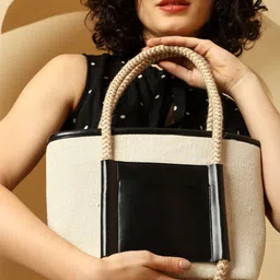 ENSAC Beige & Black Solid Colourblocked Printed Detachable Sling Strap Tote Bag-picture-28