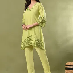 HARIKS Pure Cotton Embroidered V-Neck Tunic With Trousers Co-Ords image 4