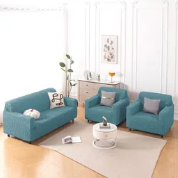 HOKIPO Aria Nova Teal 3 Pieces Self Design 5 Seater Sofa Cover With Arms-picture-30