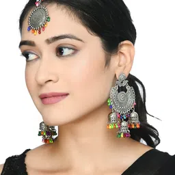 JOHARKAMAL Women Oxidised Silver-Plated Contemporary Beaded Maang Tika with Earrings-picture-40