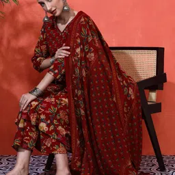 Sangria Floral Embroidered A-Line Pure Cotton Kurta With Trousers & Dupatta image 4