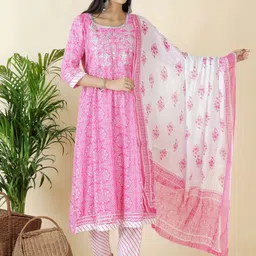Moda Rapido Women Bandhani Printed Regular Thread Work Kurta with Trousers & With Dupatta-image-23