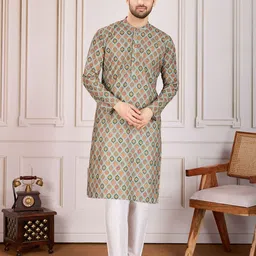 House of Pataudi Printed Mandarin Collar Neck Chikankari Kurta Set-picture-37