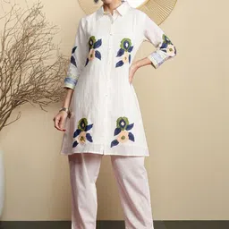 Indo Era Women Floral Embroidered Regular Thread Work Pure Cotton Kurta with Trousers-picture-38