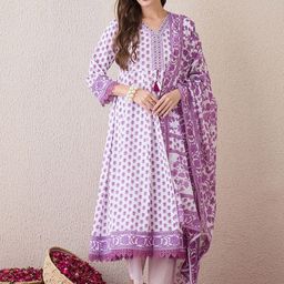 Indo Era Floral Printed V-Neck Empire Pure Cotton Anarkali Kurta With Trouser And Dupatta-picture-48