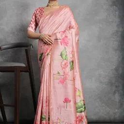 HERE&NOW Floral Printed Silk Cotton Tussar Saree With Blouse Piece-picture-34