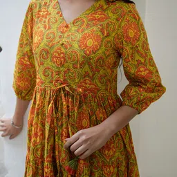 janasya Women Tiered Green, Red, Yellow Ankle Length Dress image 3