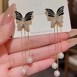 Palli Creation Korean Gold-Plated Crystals Studded & Pearls Beaded Animal Drop Earrings image 4