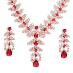 Priyaasi Rose Gold-Plated Stones Studded Leaf Pattern Jewellery Set image 4