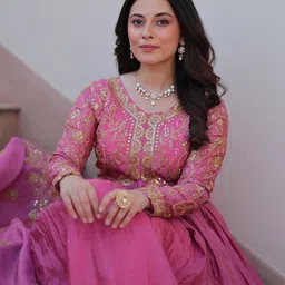 Livewear Embroidered V-Neck Maxi Fit & Flare Ethnic Dresses With Dupatta image 3