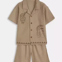 FAYEZFASHION Boys Embroidered Short Sleeves Pure Cotton Shirt With Shorts-image-2