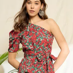 Berrylush Floral Print One Shoulder Puff Sleeve Peplum Top-image-0