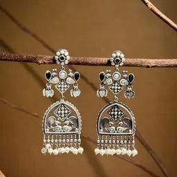 NAMAN ARTS Silver-Plated Artificial Stones Studded & Beaded Contemporary Drop Earrings-picture-23