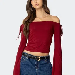 Outzidr Women Off-Shoulder Bell Sleeves Crop Top-image-99