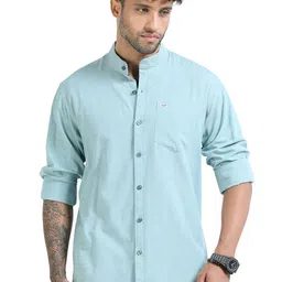U.S. PITCHERS Men Standard Slim Fit Textured Mandarin Collar Casual Shirt-picture-36