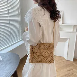 r.r.lala Fashion Woven Shoulder Bags Straw Summer Women Weave Crossbody Beach Travel Handbag Female Bag - Size: Width 25 cm x Length 20 cm Beige Color image 3