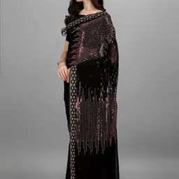 CANIZZARO Embellished Sequinned Pure Georgette Heavy Work Saree image 2