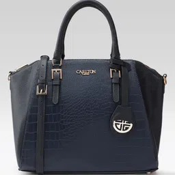 Carlton London Navy Blue Textured Structured Handheld Bag-image-28