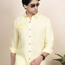 ALMATY Men Comfort Button-Down Collar Floral Solid Linen Casual Shirt-picture-31