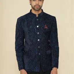 House of Pataudi Self-Design Mandarin Collar Pure Cotton Tailored-Fit Jodhpuri Blazer-image-6