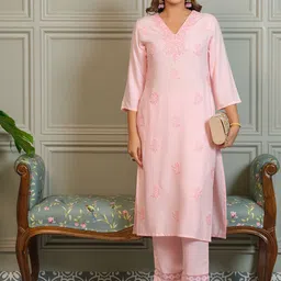 House of Pataudi Women Embroidered Straight Lucknow Kurta & Trousers-picture-24