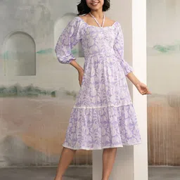 AASK Women's Purple Printed Crush Crepe Tiered Midi Length Dress-picture-31