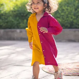 Peekaaboo Kids Girls Colourblocked Pure Cotton Cuffed Sleeve Shirt Dress-picture-26