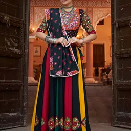 ODETTE Embroidered Mirror Work Semi-Stitched Lehenga & Ready to Wear Blouse With Dupatta-image-85