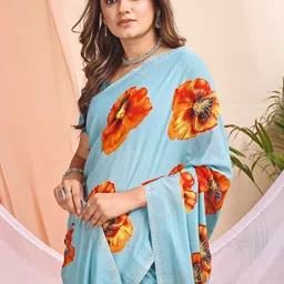 Leelavati Floral Printed Beads and Stones Pure Chiffon Saree image 2