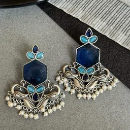 NAMAN ARTS Silver-Plated Artificial Stones Studded And Beaded Peacock Shaped Drop Earrings-picture-27