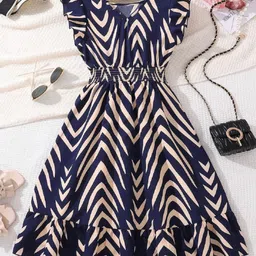 White World Girls Striped Flutter Sleeves Fit & Flare Dress-picture-38