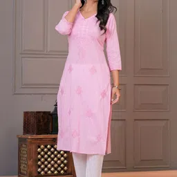 RANI PRINTS Chikankari Embroidered Pure Cotton V-Neck Straight Kurta image 2