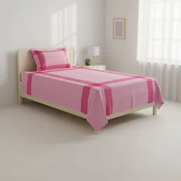 TUNI MANI Pink & White Single Bedsheet with 1 Pillow Covers-image-24