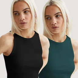 CILIMILI Women Pack Of 2 Ribbed Round Neck Sleeveless Tank Crop Top-image-61