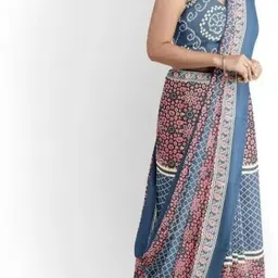 TROPWEAR Floral Linen Blend Block Print Saree-picture-15