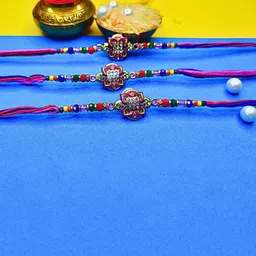 MANSIYAORANGE Set Of 3 AD Stones Studded & Beaded Cotton Thread Rakhi-picture-20