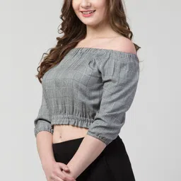 Hive91 Women Checked Off-Shoulder Bardot Crop Top image 5