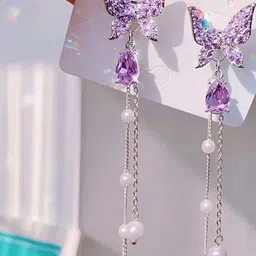 Nellist Silver-Plated Artificial Stones Studded & Beaded Butterfly Shaped Drop Earrings image 5