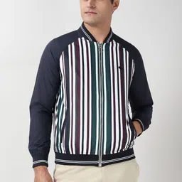 Peter England Casuals Men Stand Collar Striped Bomber Jacket-picture-38