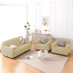 HOKIPO Aria Nova Beige 3 Pieces Self Design 5 Seater Sofa Cover With Arms-picture-28