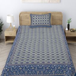 Texstylers Blue & Green Floral 140 TC Single Bedsheet with 1 Pillow Covers-picture-35