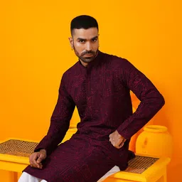 SOJANYA Men Floral Embroidered Regular Kantha Work Kurta with Pyjamas-picture-5
