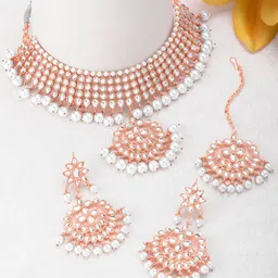 Peora Rose Gold-Plated Artificial Stone-Studded & Beaded Jewellery Set With Maangtikka-image-28