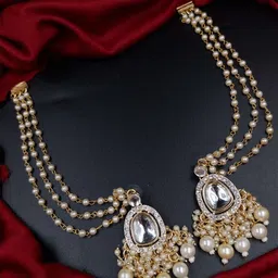 AARNAA Gold-Plated Kundan Studded & Pearls Beaded Drop Earrings With Earchain-picture-15