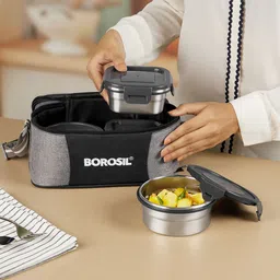 borosil Feast Lunch Box with Bag Set of 4 (400 ml x 2 Square + 400 ml x 2 Round) Tiffin 4 Containers Lunch Box image 2