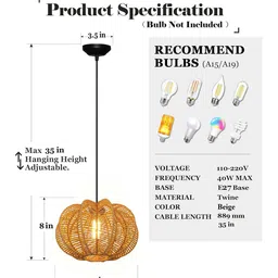 homesake Rattan Seagrass Raffia Kauna Wicker Lamp, Handwoven Pendant, Beige, Round Melon Shape image 2