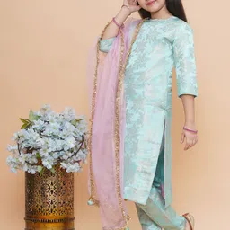 PICCOLO Girls Floral Woven Design Dupion Silk Straight Kurta with Trousers & Dupatta image 2