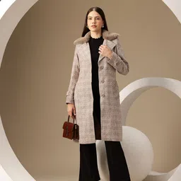 Chemistry Notched Lapel Single-Breasted Longline Tweed Weave Overcoat with Fur Trim image 4